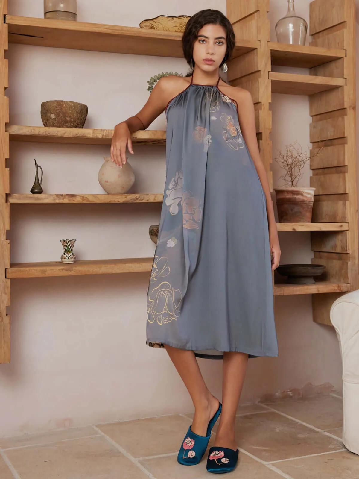 Asian Floral Halter Neck Backless Dress