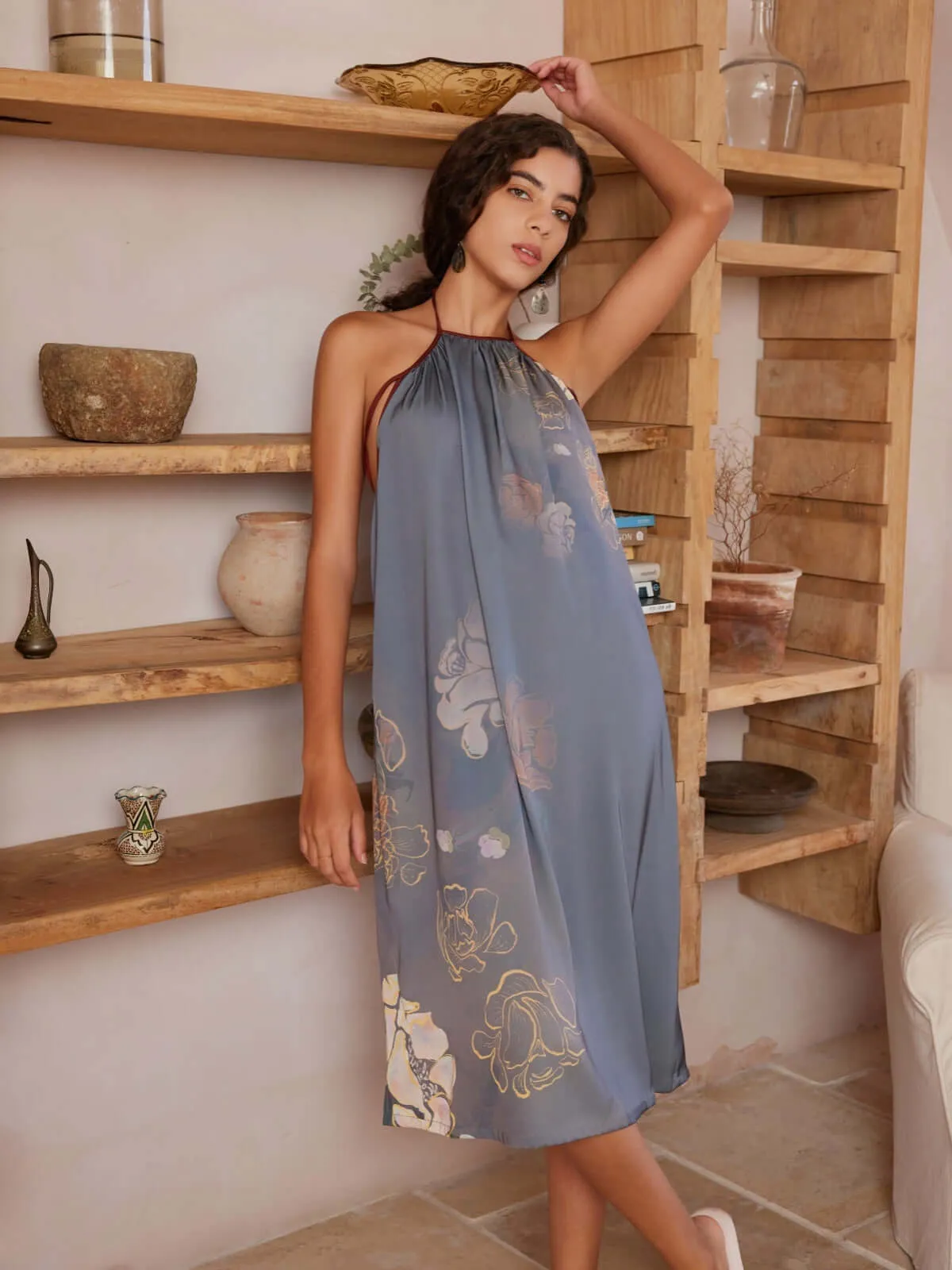 Asian Floral Halter Neck Backless Dress