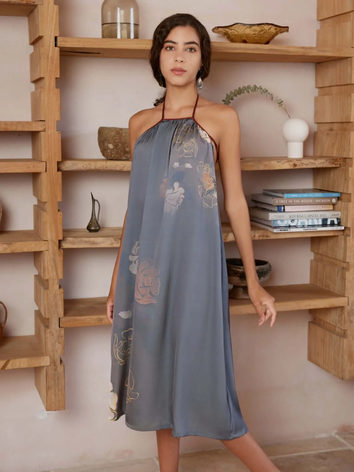 Asian Floral Halter Neck Backless Dress