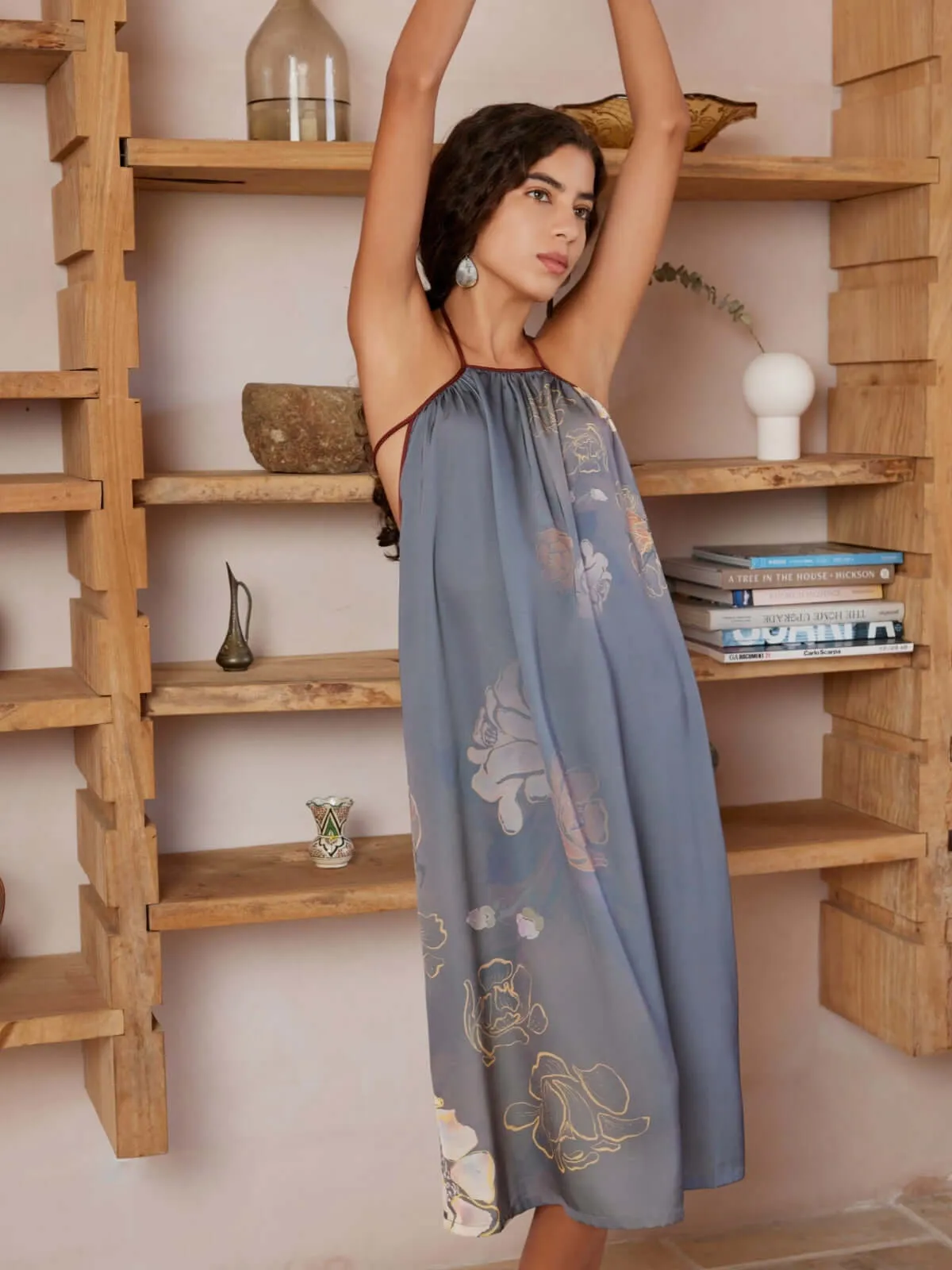 Asian Floral Halter Neck Backless Dress