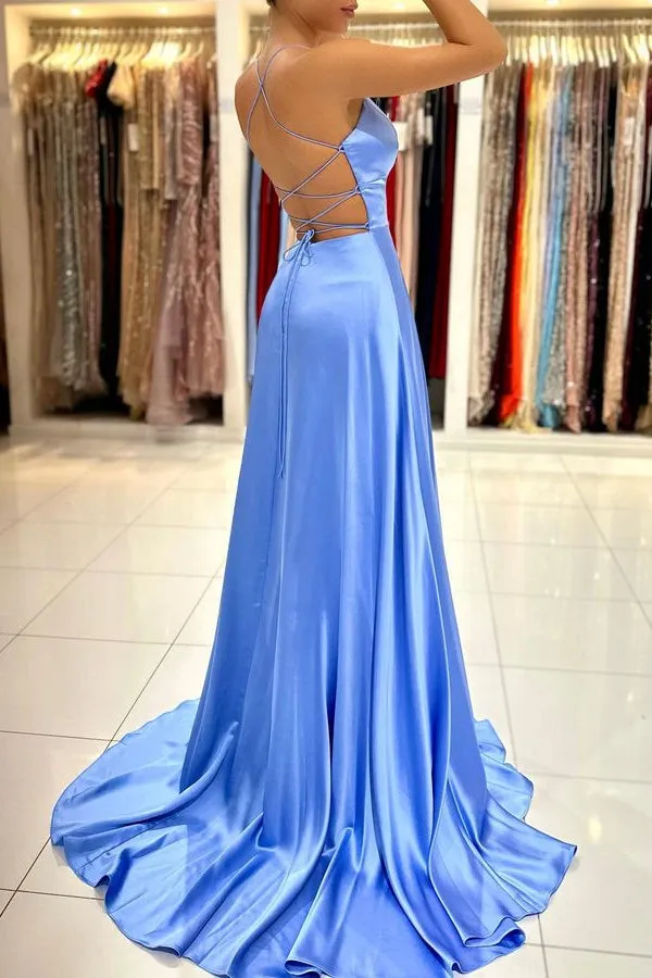 ballbellas Simple Blue A Line Prom Dress Spaghetti-Strap