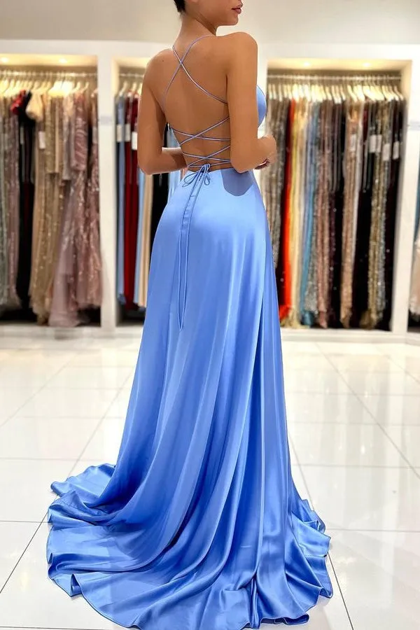 ballbellas Simple Blue A Line Prom Dress Spaghetti-Strap
