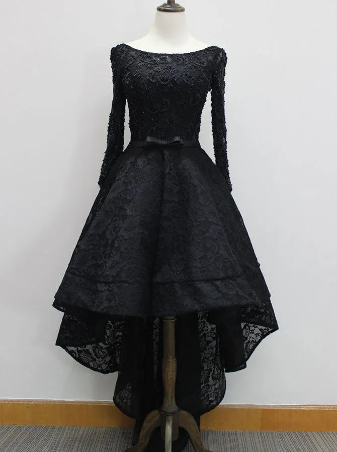 Black Prom Dresses with Sleeves,High Low Prom Dress,Lace Homecoming Dress,PD00305