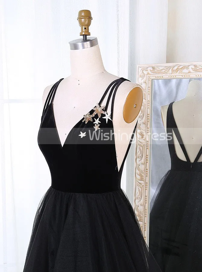 Black Prom Dresses,A-line Tulle Prom Dress,Backless Prom Dress,PD00341