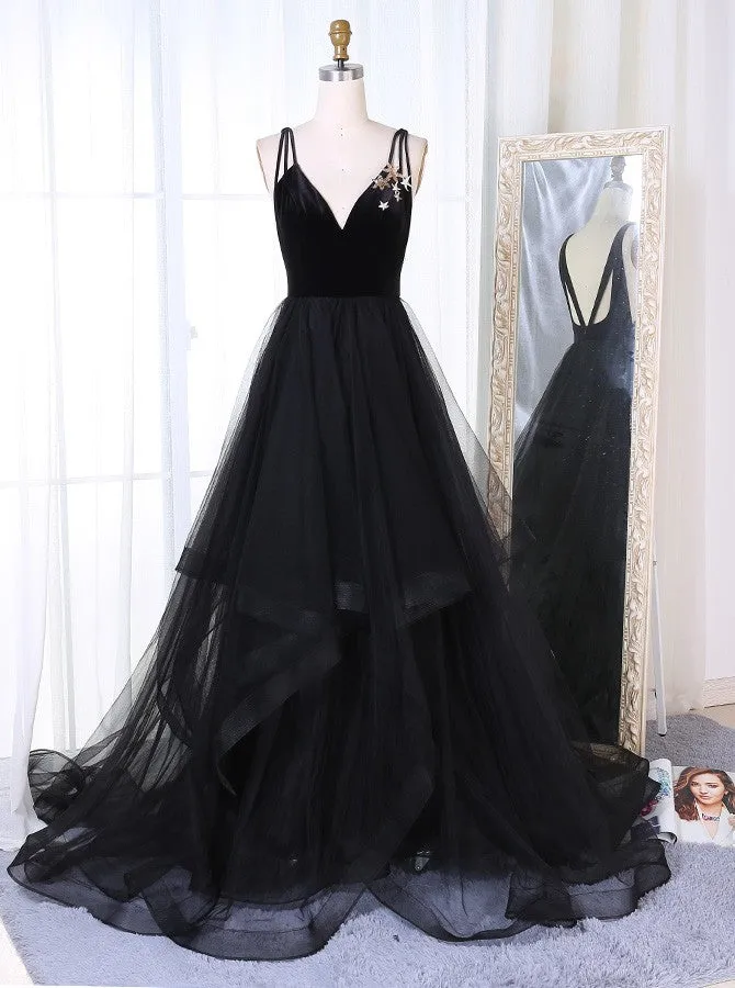 Black Prom Dresses,A-line Tulle Prom Dress,Backless Prom Dress,PD00341