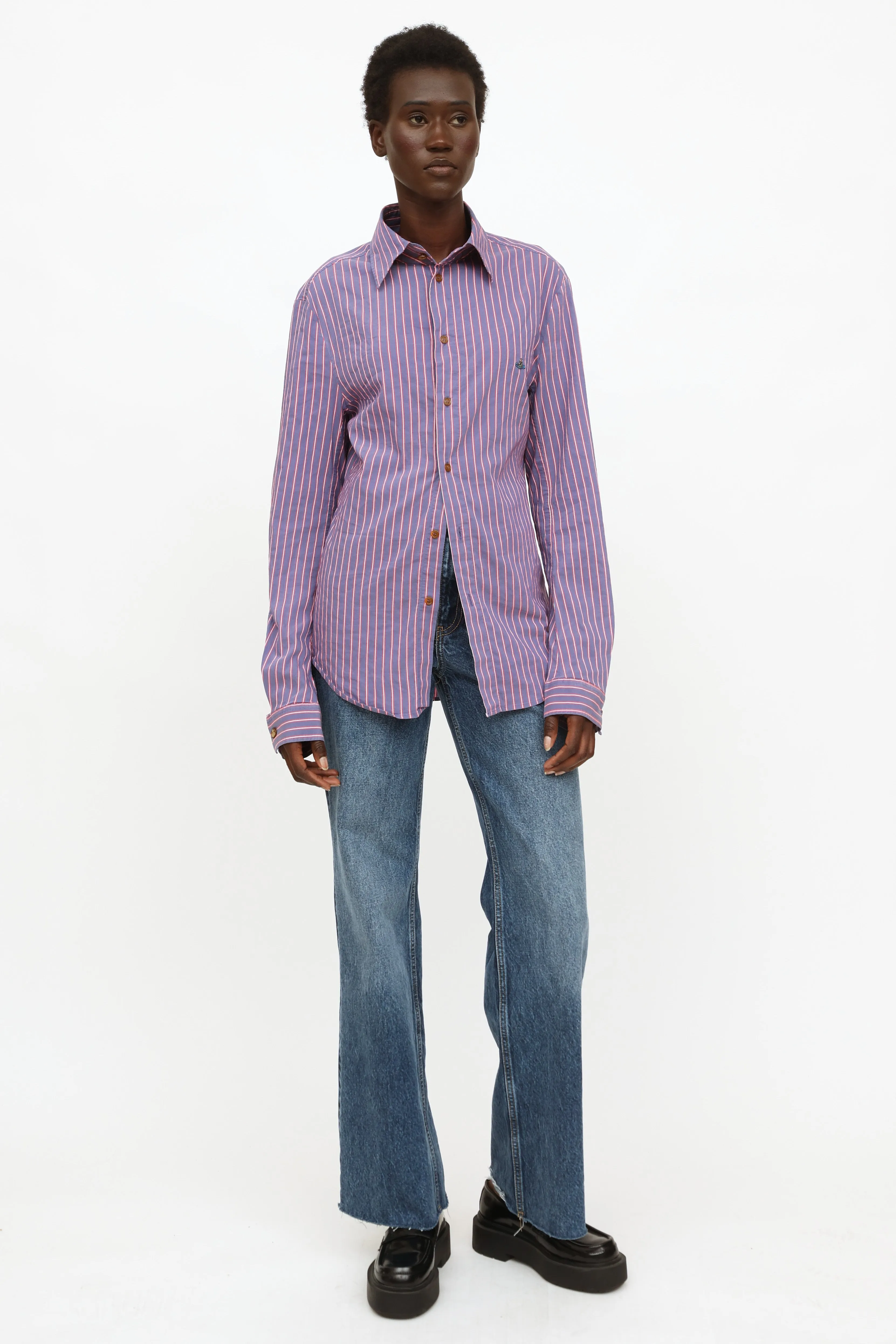 Blue & Pink Striped Button-Up Top