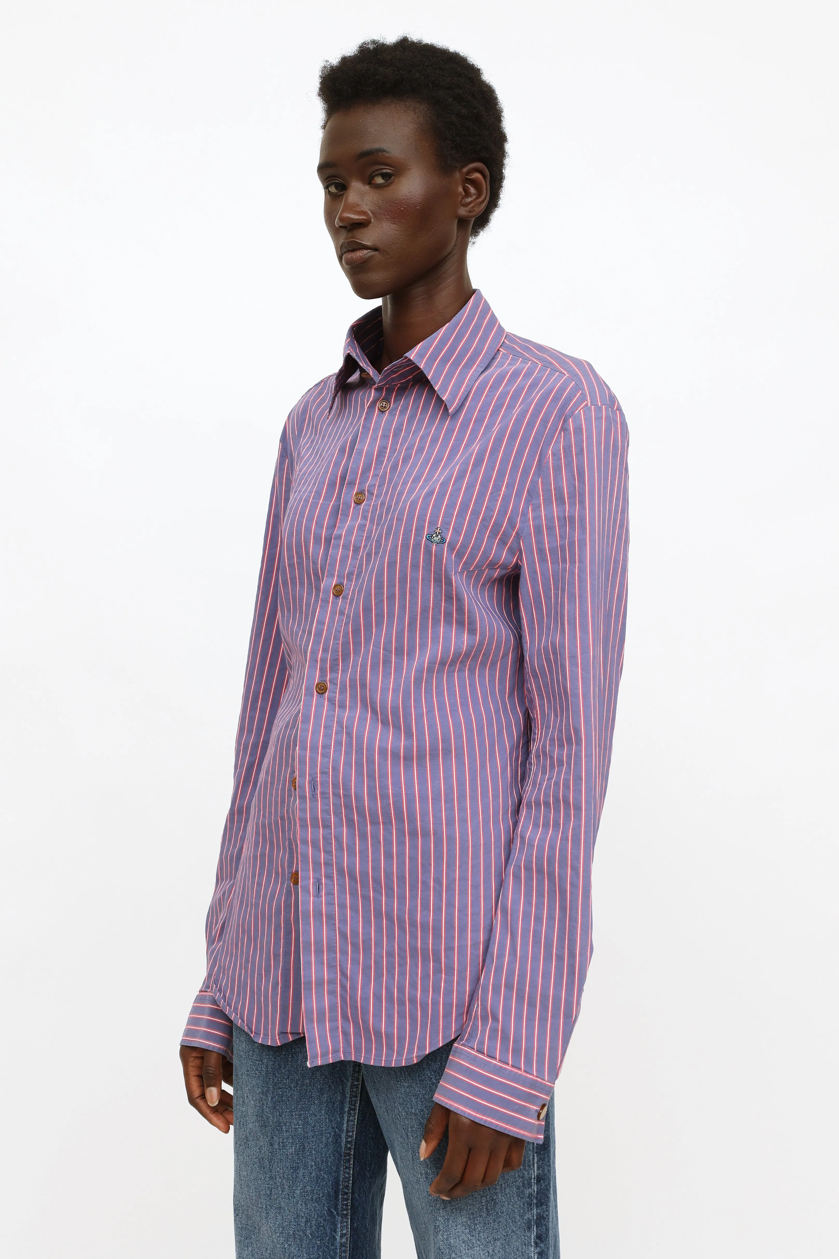 Blue & Pink Striped Button-Up Top