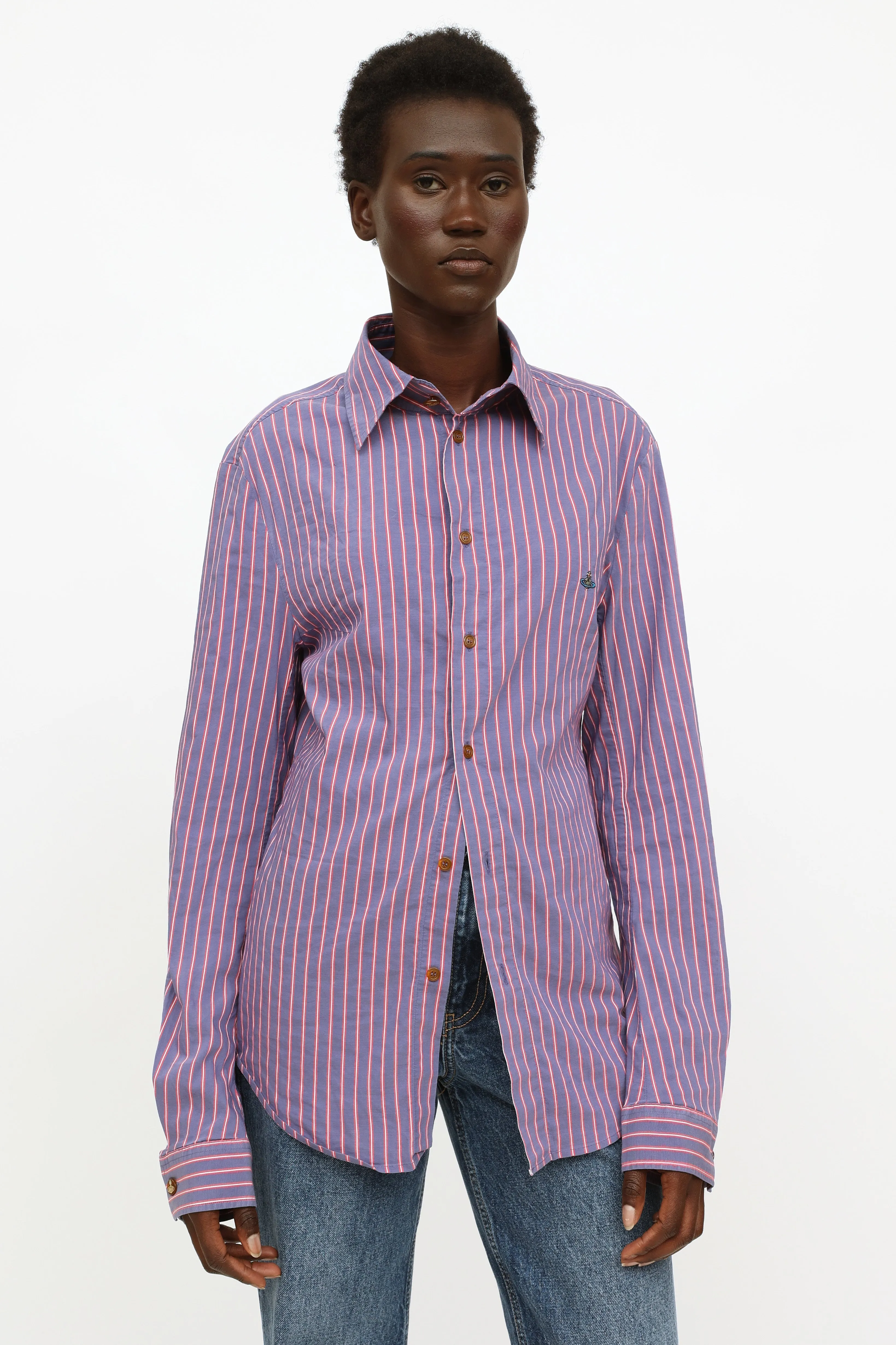 Blue & Pink Striped Button-Up Top