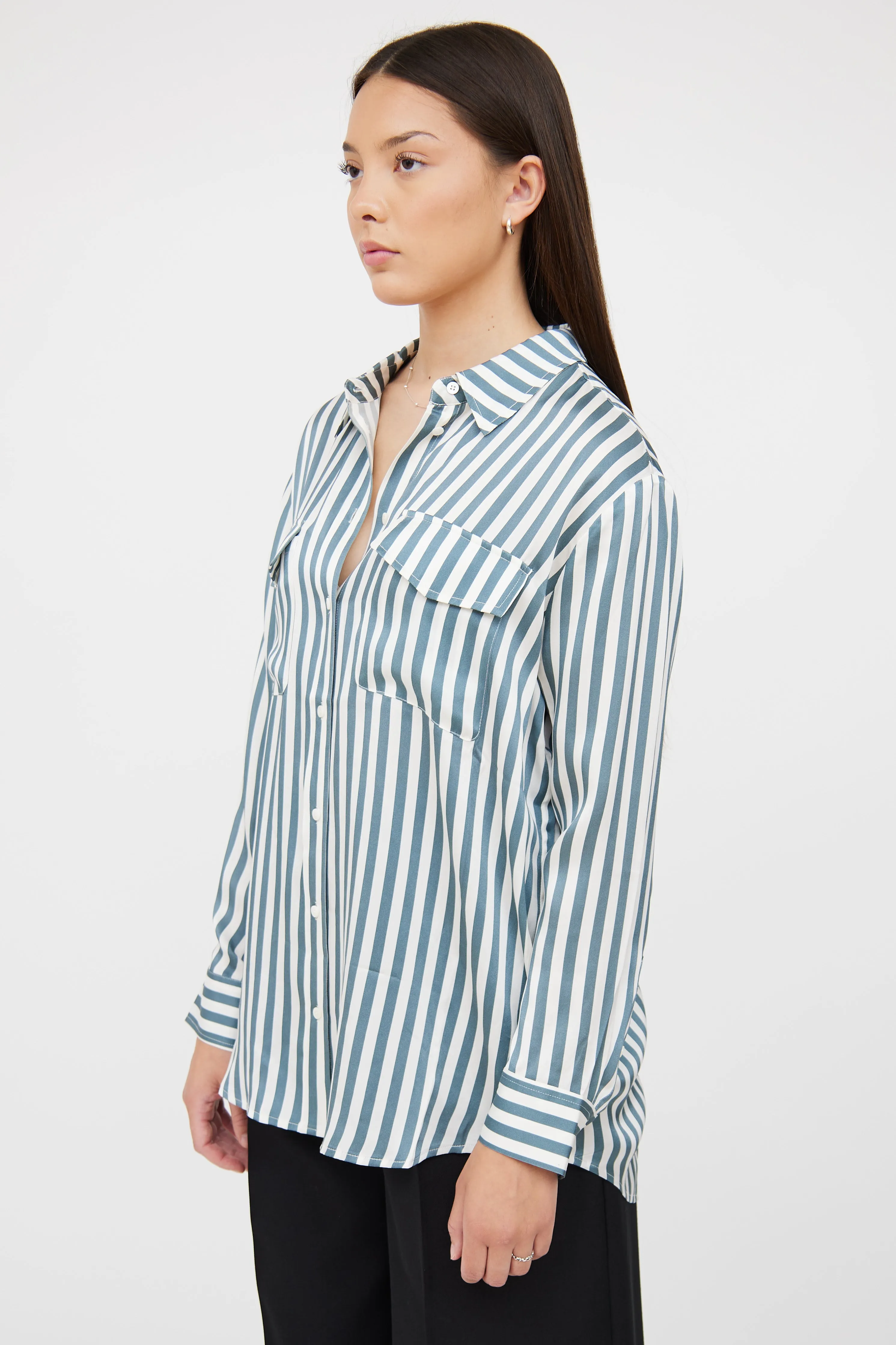 Blue & White Stripe Button Up Blouse