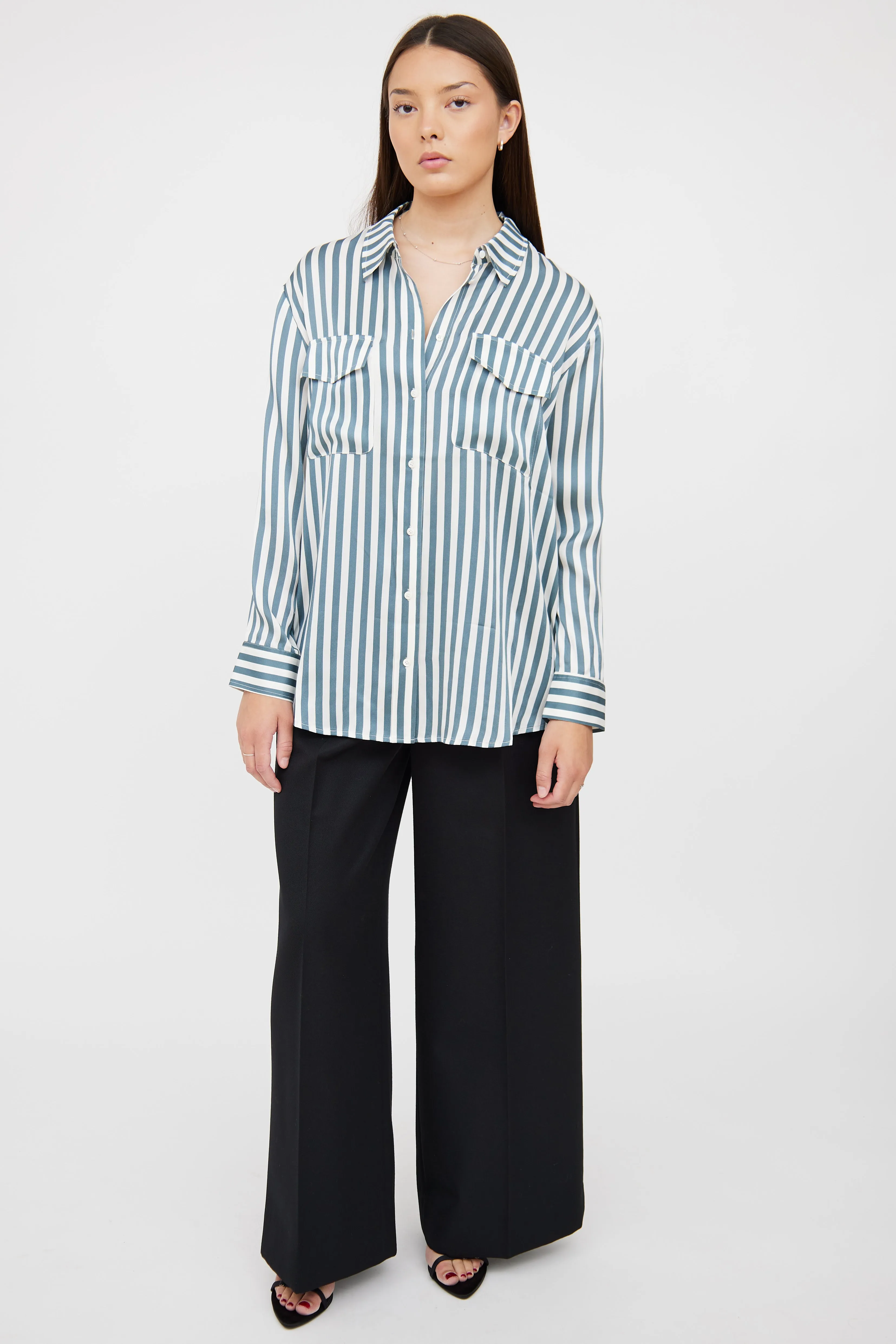 Blue & White Stripe Button Up Blouse