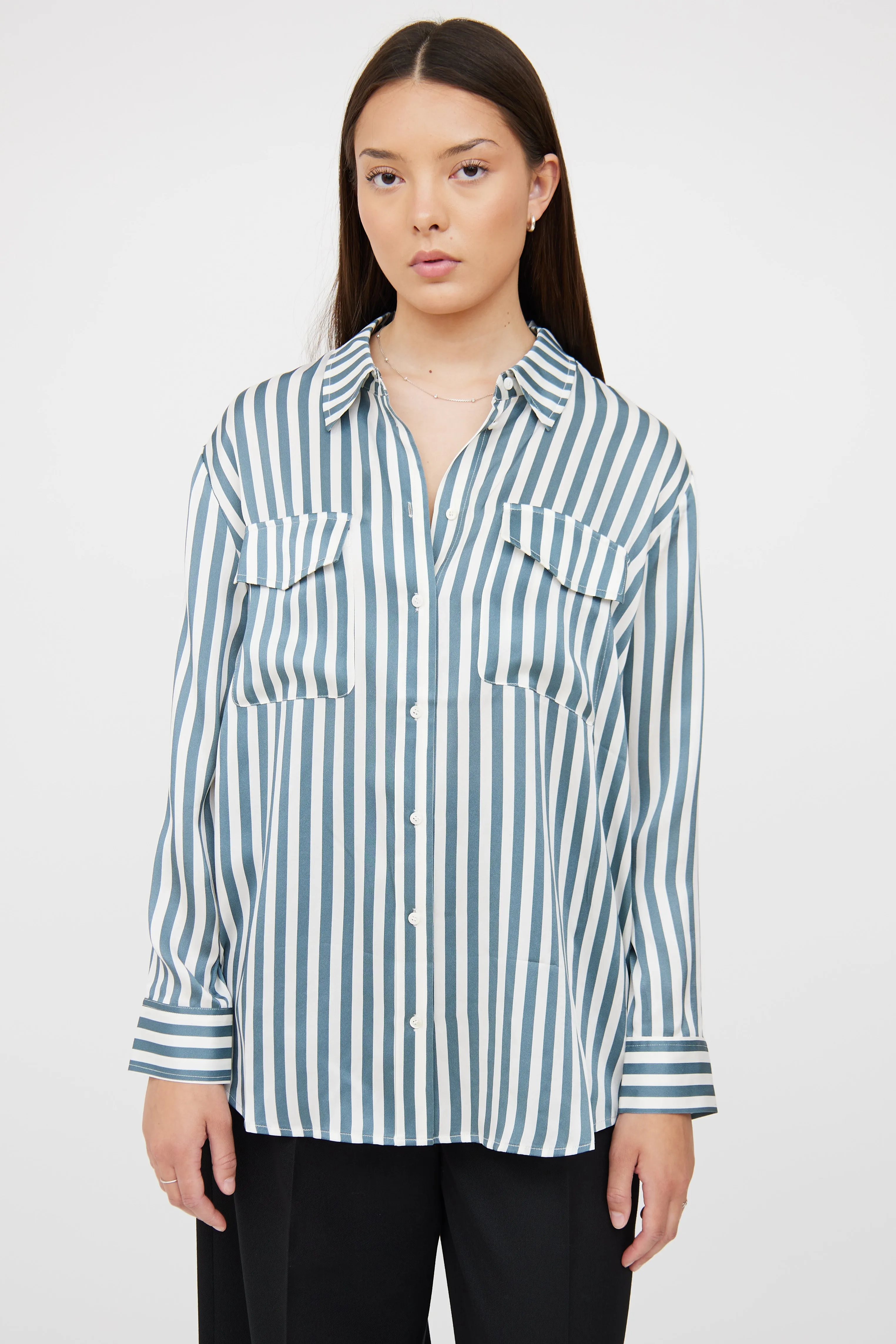 Blue & White Stripe Button Up Blouse