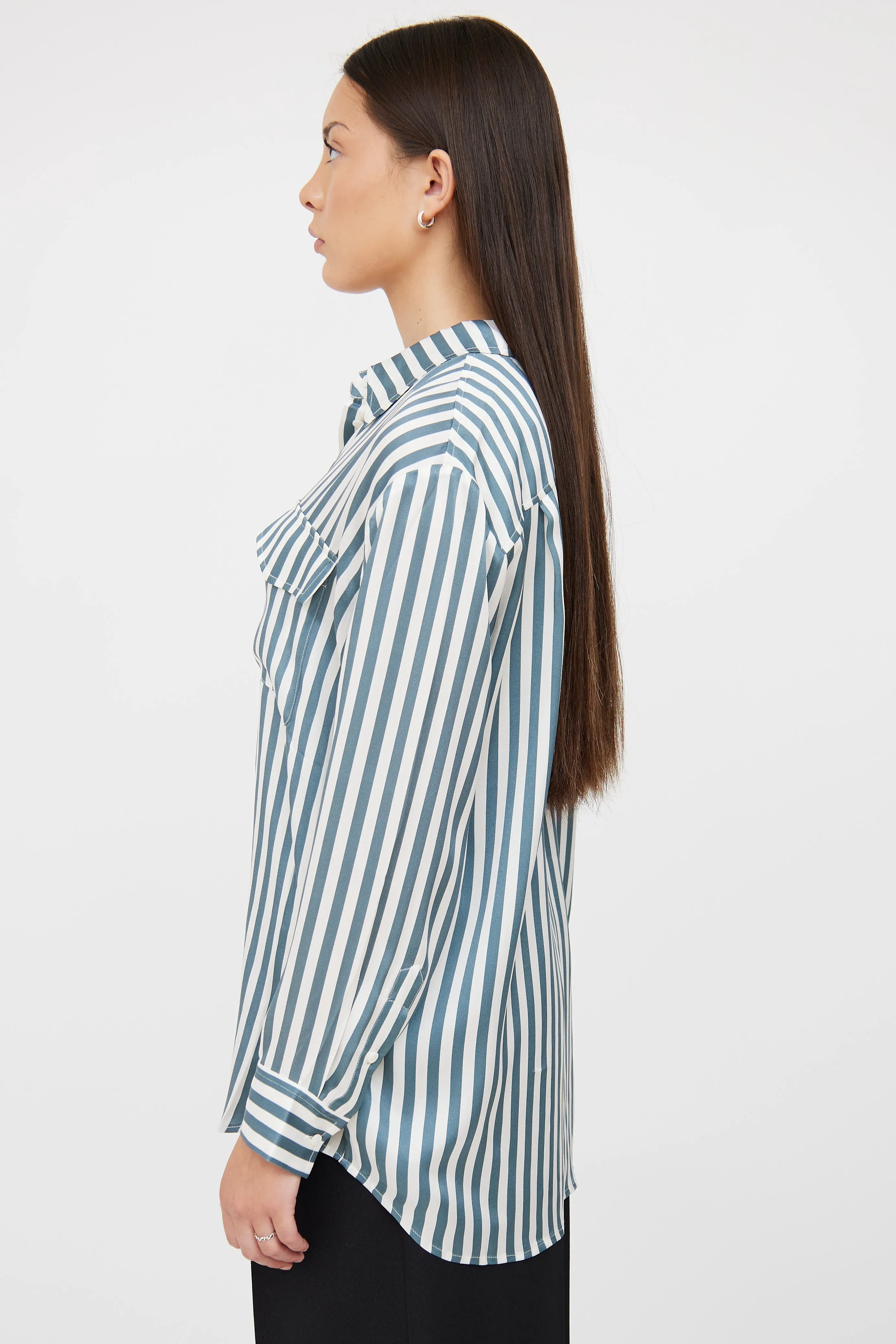 Blue & White Stripe Button Up Blouse