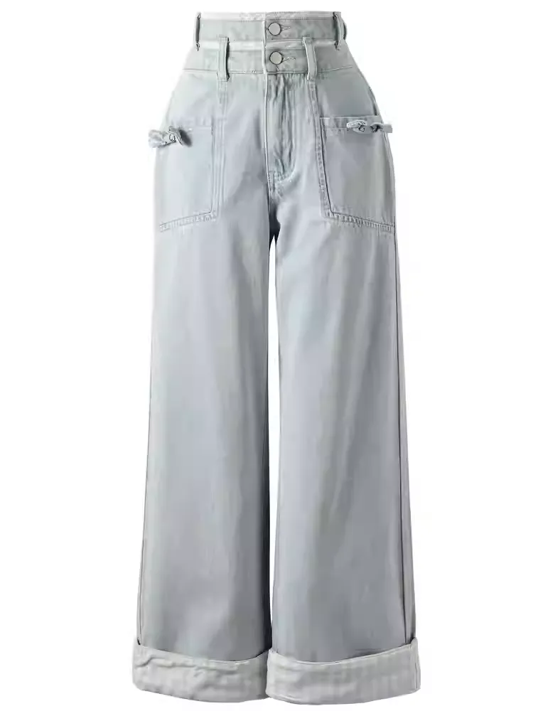 Blue High Waist Bow Decorated Straight-Leg Cut Jeans