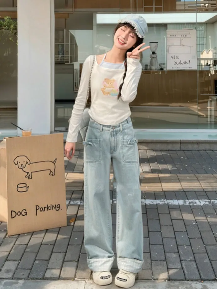 Blue High Waist Bow Decorated Straight-Leg Cut Jeans