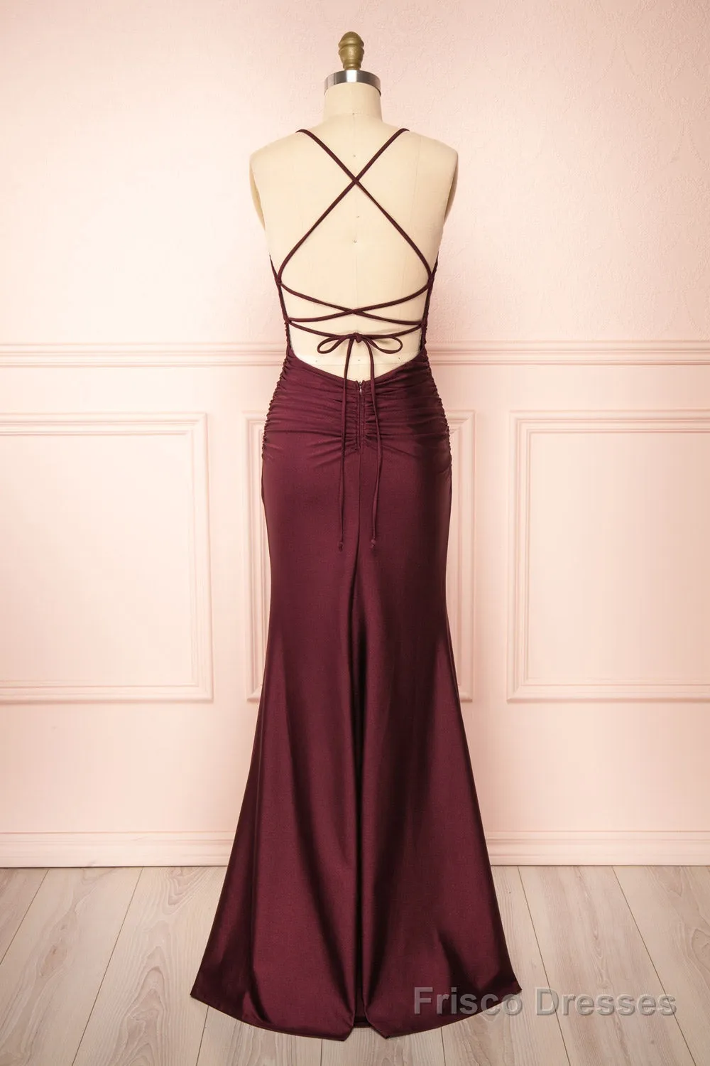 Burgundy Prom Dresses, Sheath/Column Scoop Neck Silk-like Satin Floor-length Ruffles Bridesmaid Dresses