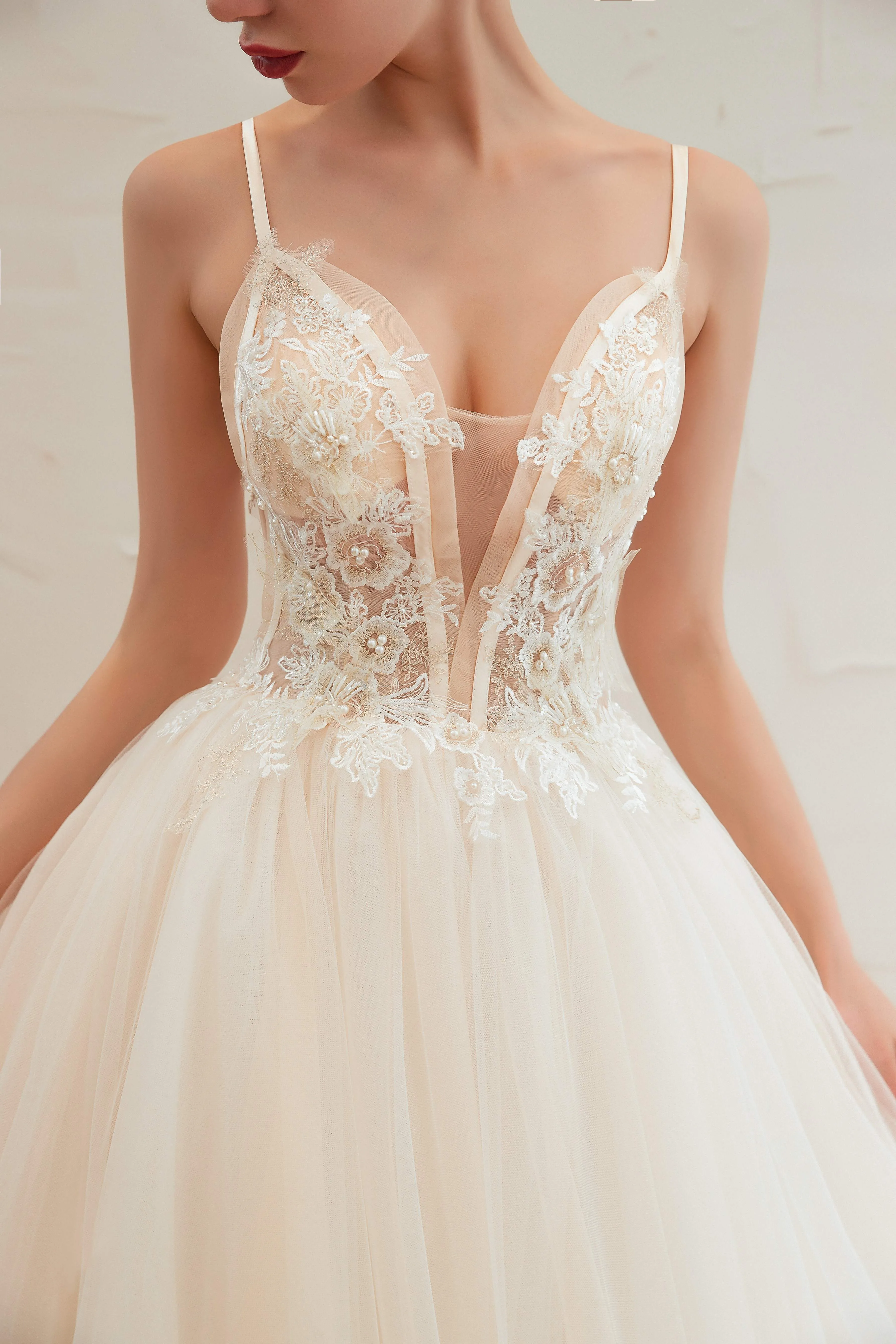 Champagne Spaghetti Straps V-neck Floor Length A-line Lace Tulle Wedding Dresses