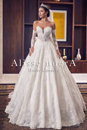 Corset Waist Strapless Bridal Ball Gown with Detachable Lace Sleeve