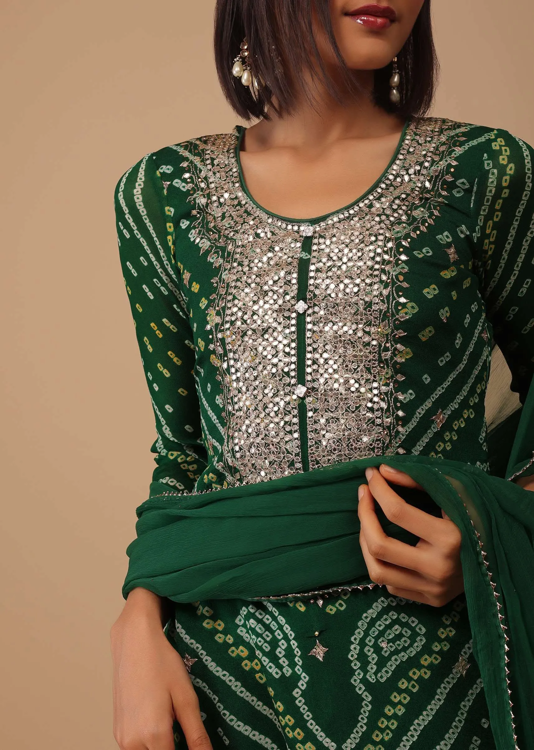 Deep Green Gotta Embroidered Bandhani Printed Georgette Palazzo Suit With Chiffon Dupatta