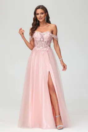 Elegant Applique Tulle A-Line Evening Dress Floor-Length Princess Dress With Slit