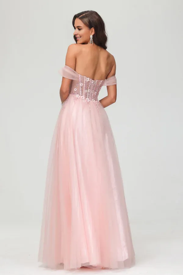 Elegant Applique Tulle A-Line Evening Dress Floor-Length Princess Dress With Slit