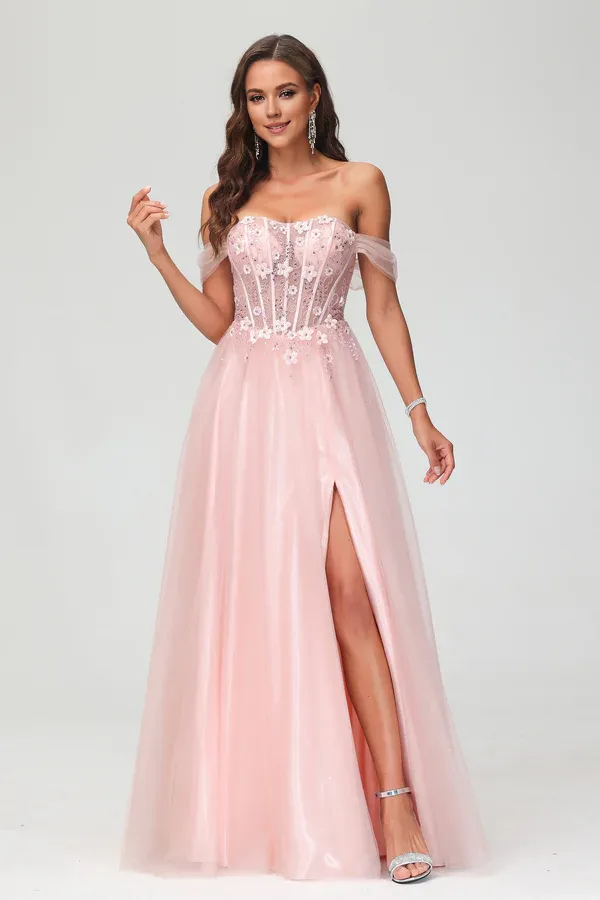 Elegant Applique Tulle A-Line Evening Dress Floor-Length Princess Dress With Slit