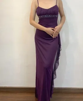 Elegant Dresses Gowns Evening Dresses Spaghetti Straps Purple Sheath Formal Party Dress Ruffle Long Prom Dress