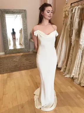 Elegant White Spaghetti Straps Long Sheath Satin Wedding Dresses