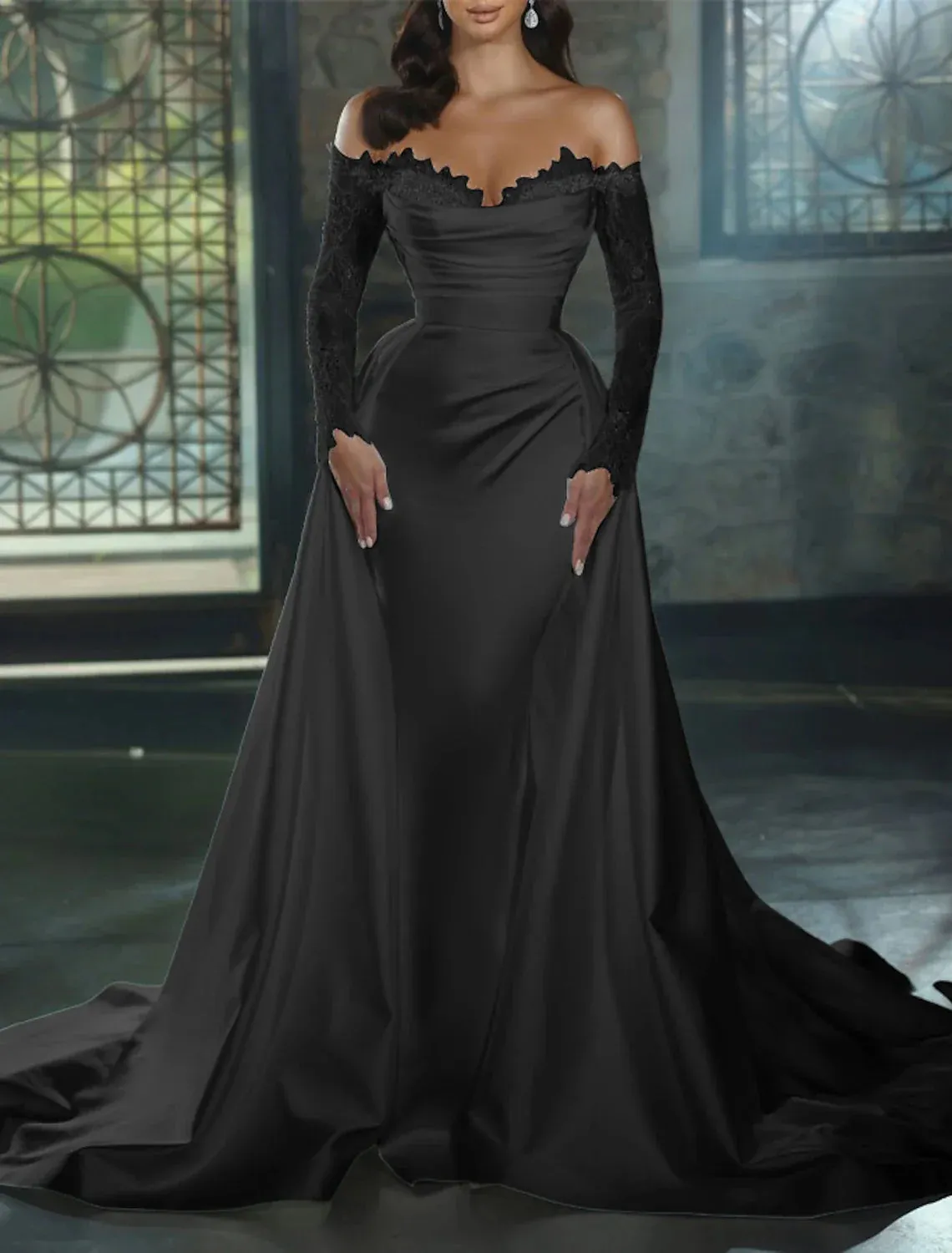Engagement Formal Wedding Dresses Sheath / Column Off Shoulder Long Sleeve Chapel Train Satin Bridal Gowns With Appliques