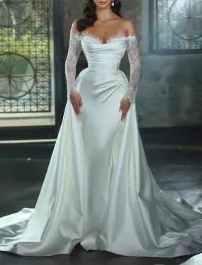 Engagement Formal Wedding Dresses Sheath / Column Off Shoulder Long Sleeve Chapel Train Satin Bridal Gowns With Appliques