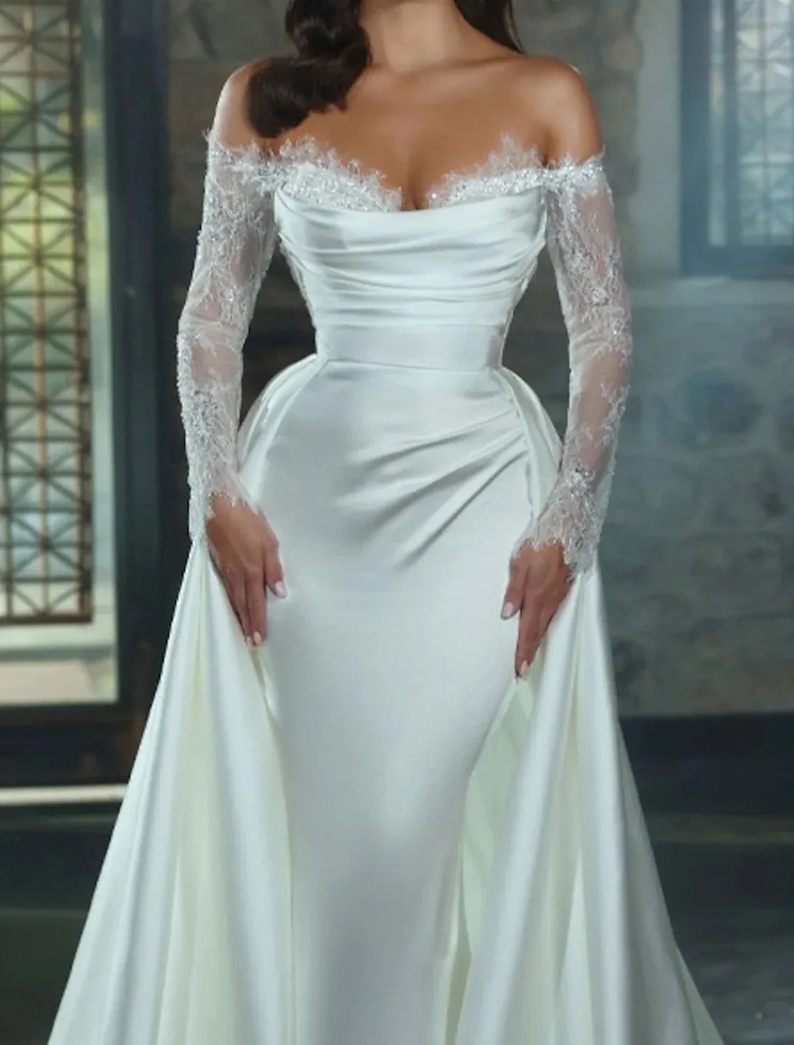 Engagement Formal Wedding Dresses Sheath / Column Off Shoulder Long Sleeve Chapel Train Satin Bridal Gowns With Appliques