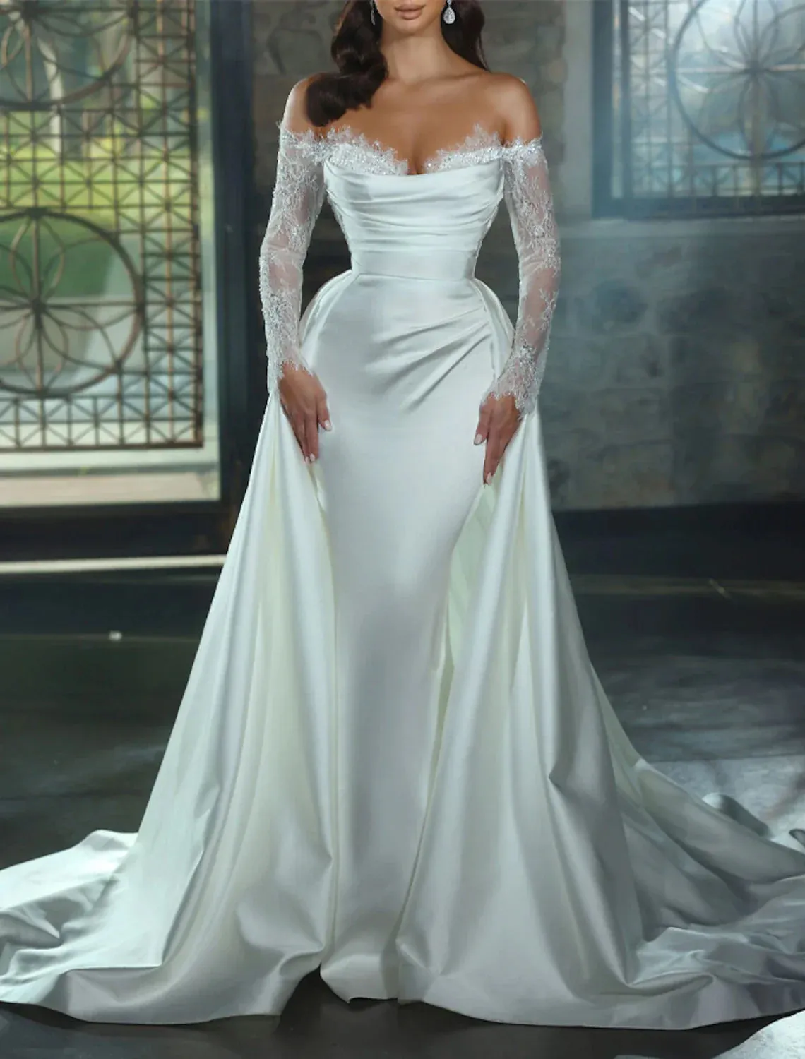 Engagement Formal Wedding Dresses Sheath / Column Off Shoulder Long Sleeve Chapel Train Satin Bridal Gowns With Appliques