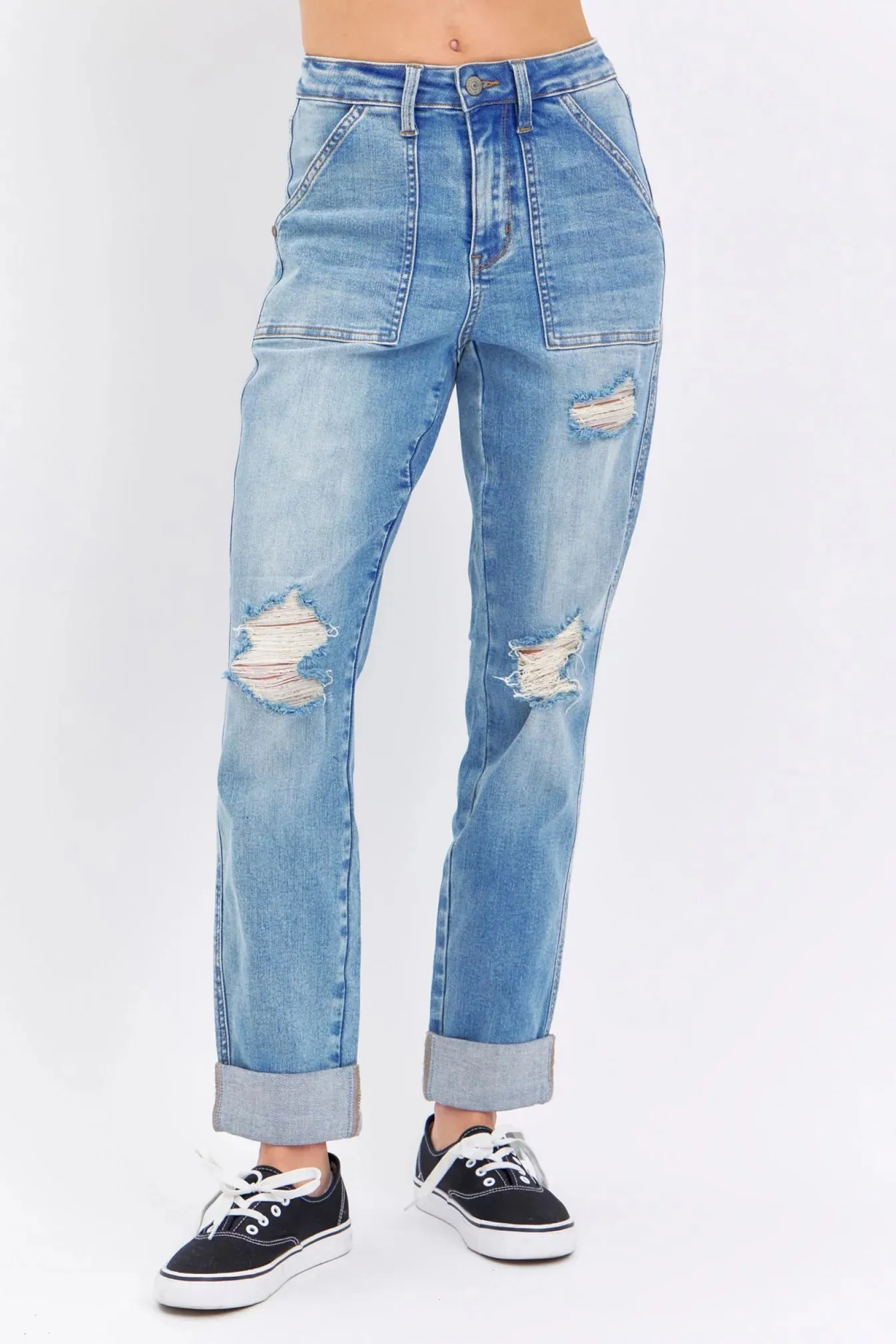 High Waist Patch Pocket & Destroy Boyfriend