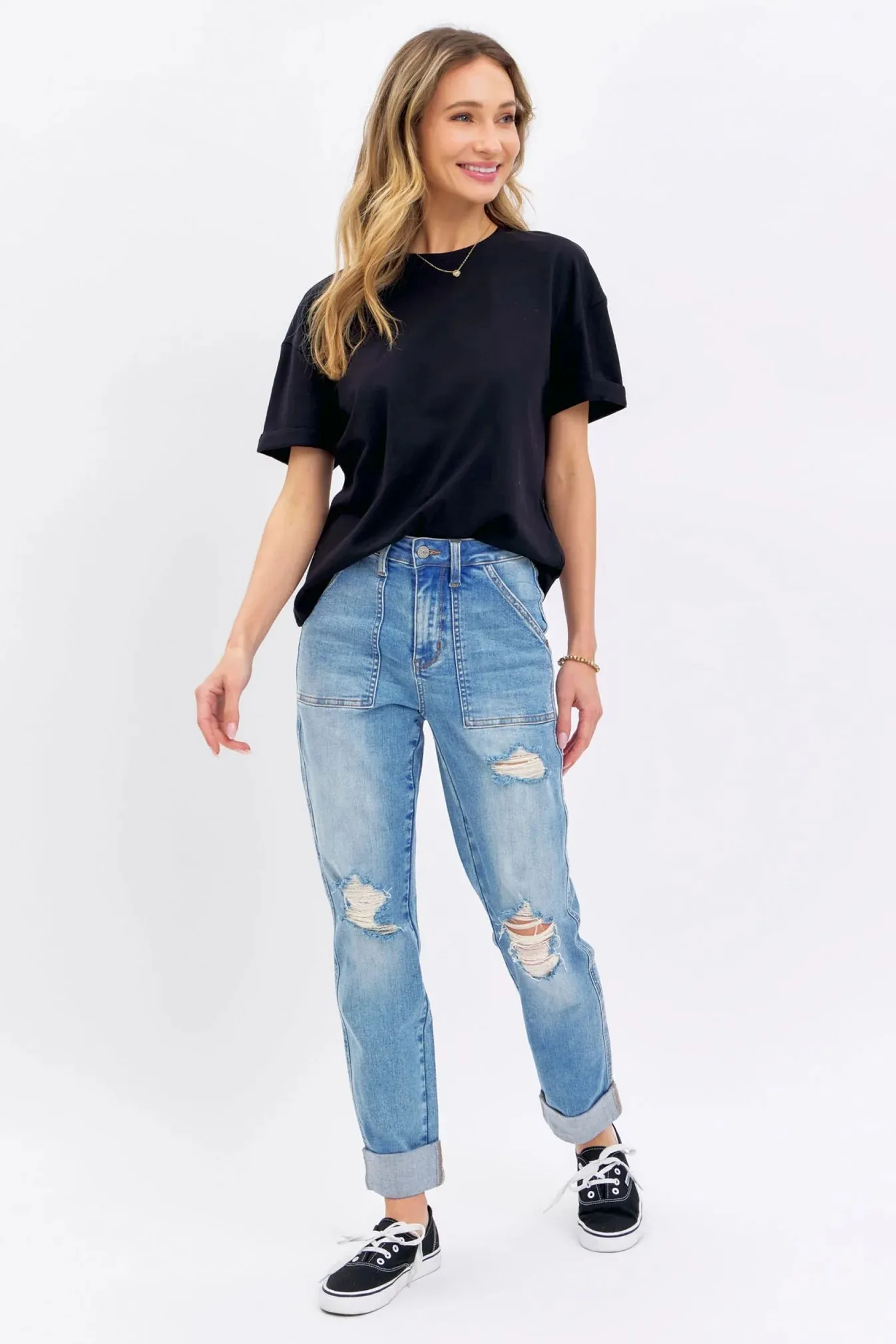 High Waist Patch Pocket & Destroy Boyfriend