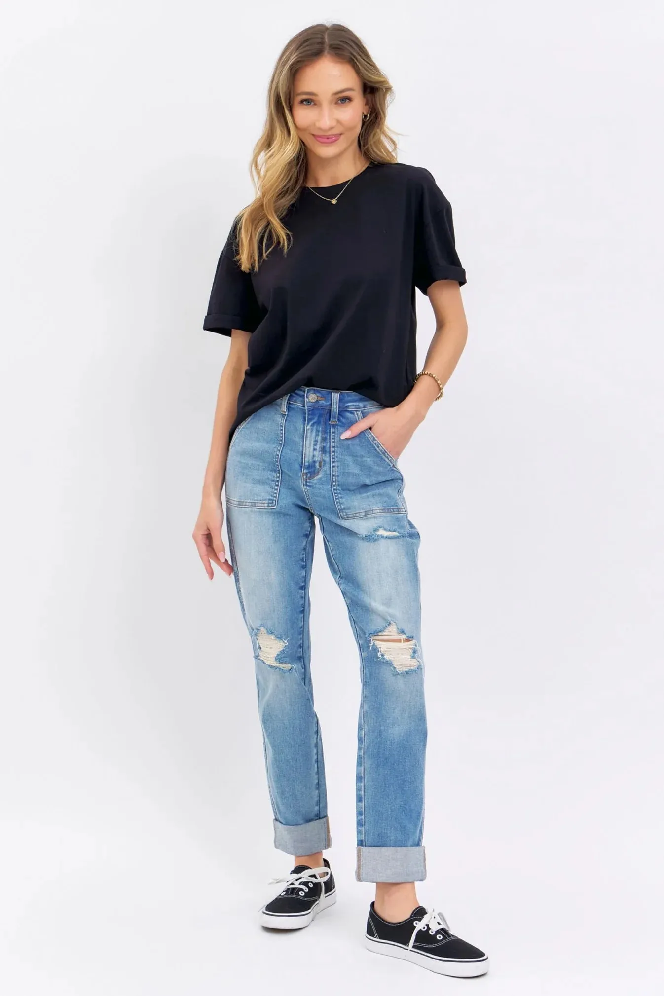 High Waist Patch Pocket & Destroy Boyfriend