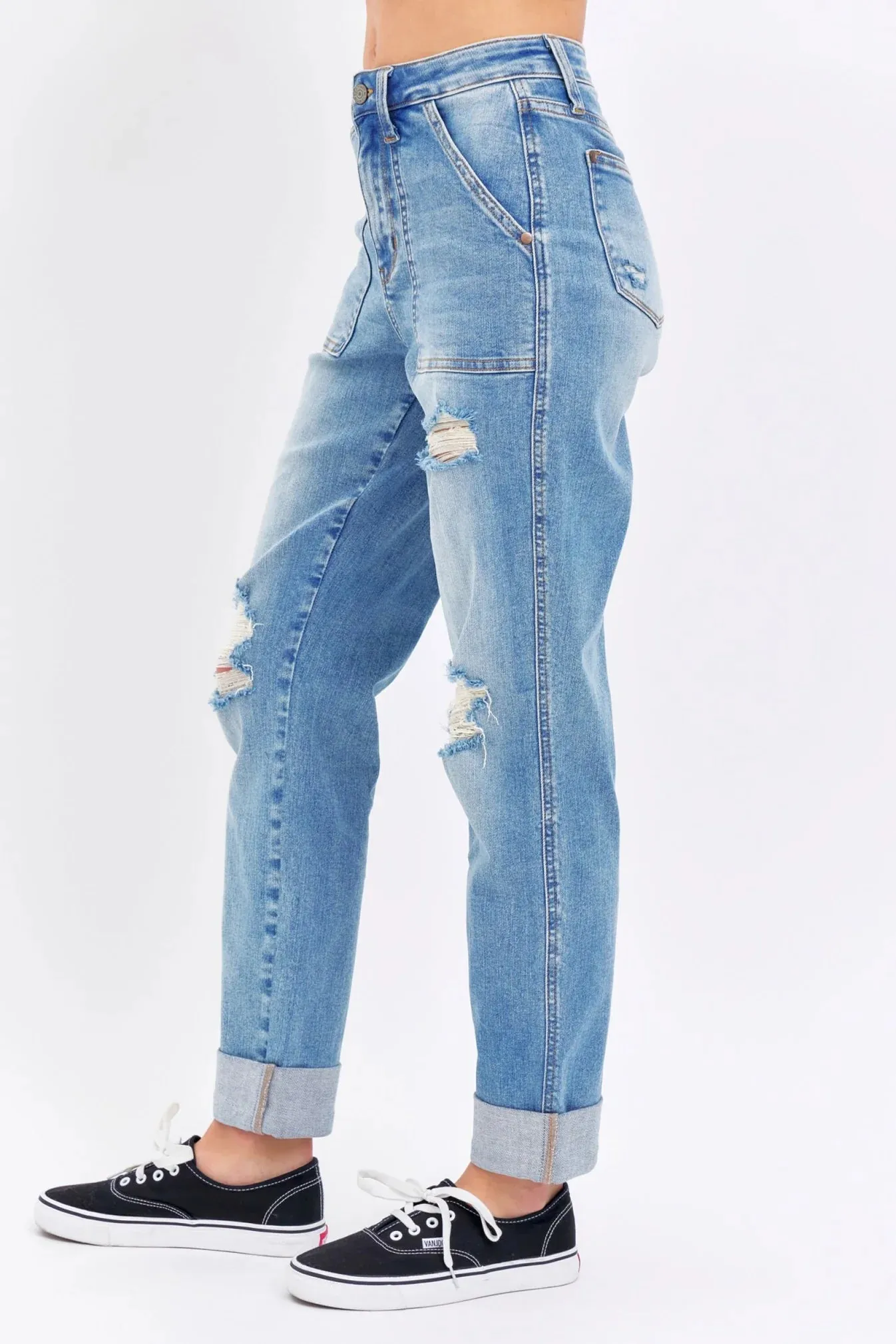 High Waist Patch Pocket & Destroy Boyfriend