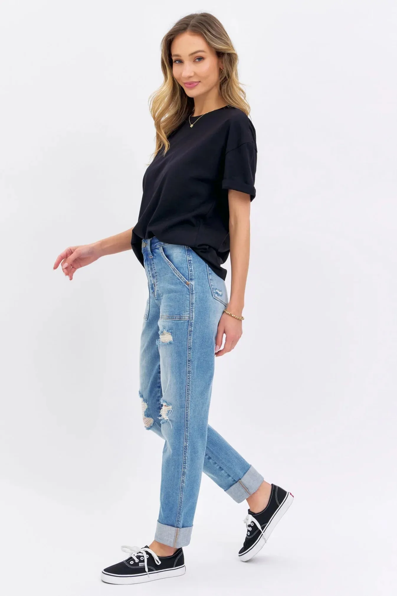 High Waist Patch Pocket & Destroy Boyfriend