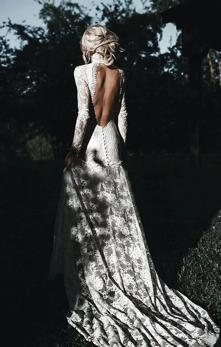 Lace Long Sleeve Wedding Dresses Backless Sheath Wedding Dresses ER2012