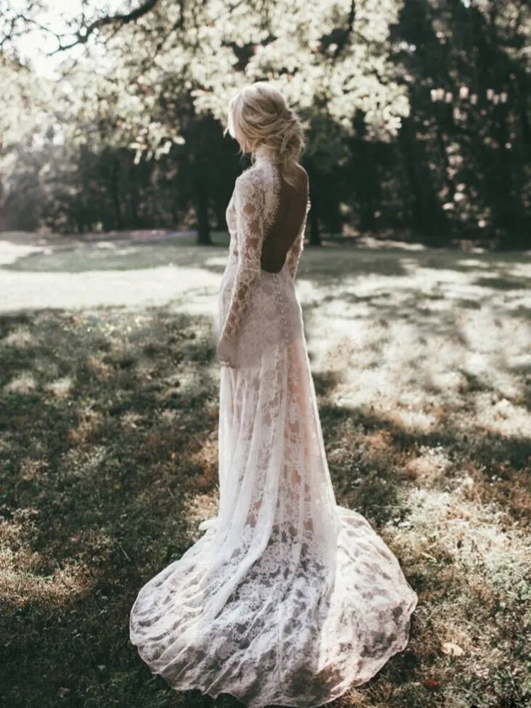 Lace Long Sleeve Wedding Dresses Backless Sheath Wedding Dresses ER2012