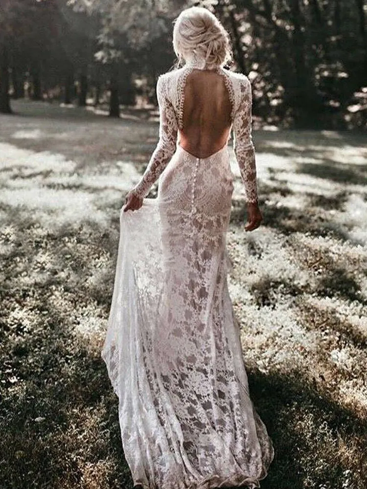 Lace Long Sleeve Wedding Dresses Backless Sheath Wedding Dresses ER2012