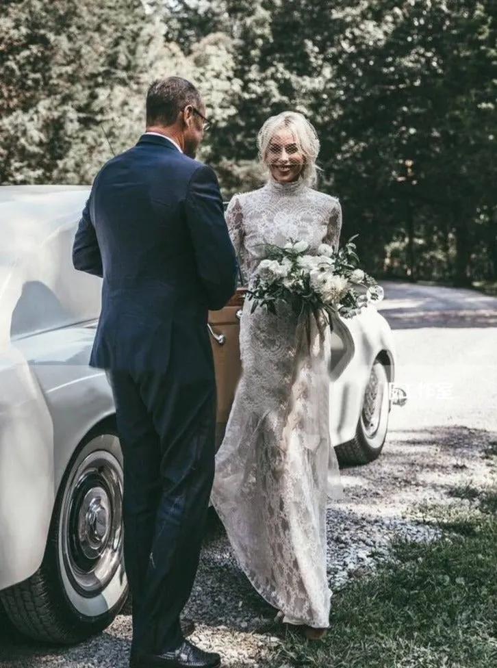 Lace Long Sleeve Wedding Dresses Backless Sheath Wedding Dresses ER2012