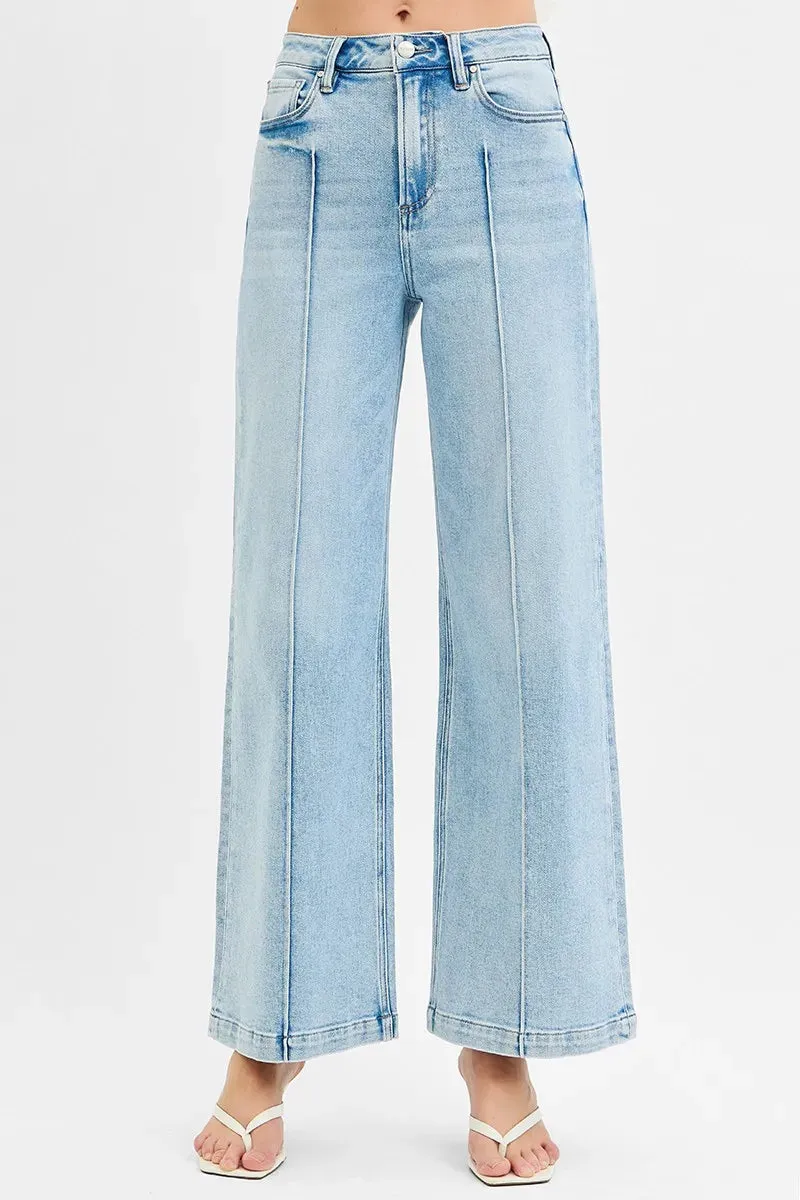 Light Wash High Waist Wide Leg Pintuck Jeans