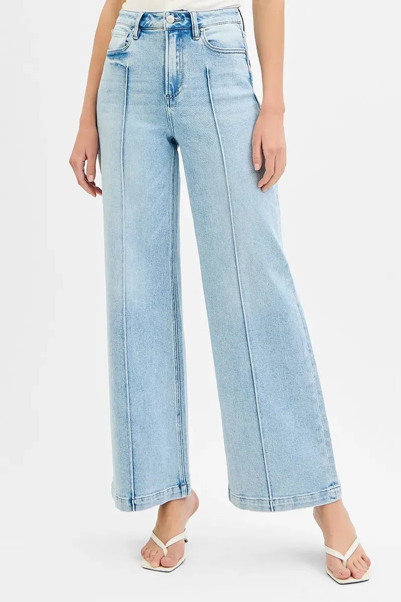 Light Wash High Waist Wide Leg Pintuck Jeans