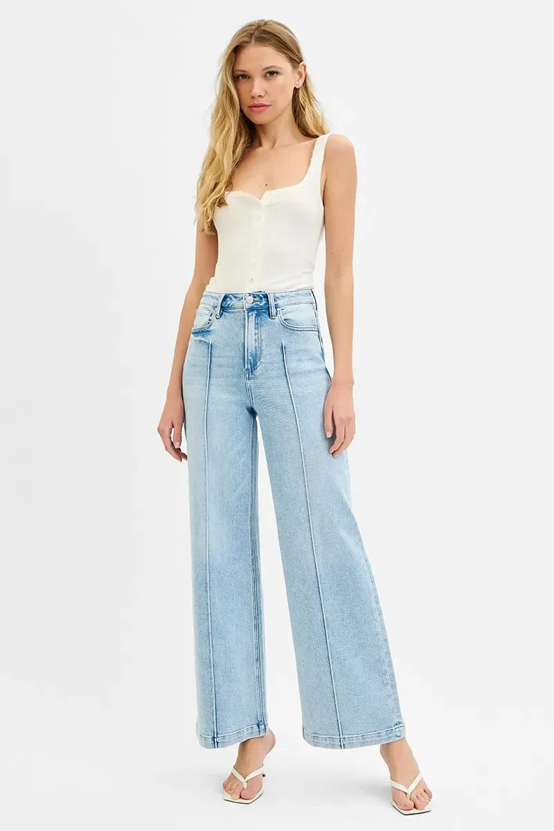 Light Wash High Waist Wide Leg Pintuck Jeans