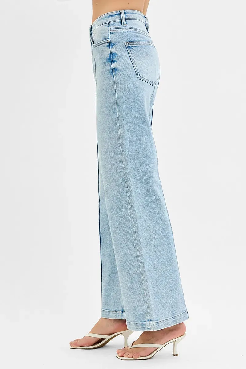 Light Wash High Waist Wide Leg Pintuck Jeans