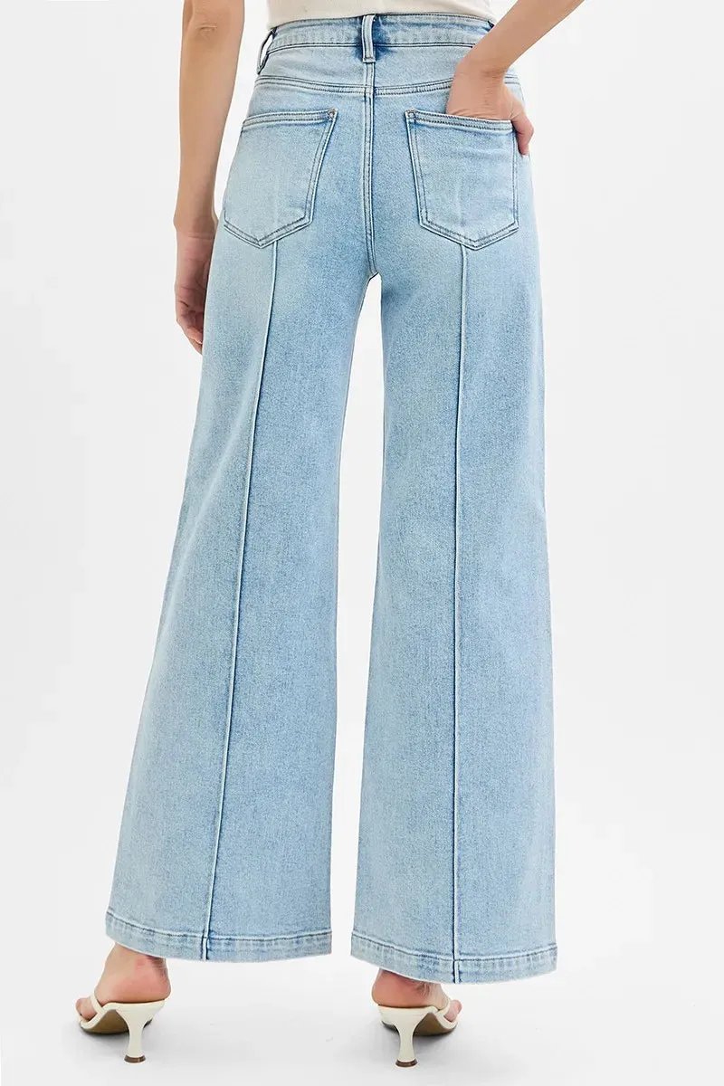 Light Wash High Waist Wide Leg Pintuck Jeans