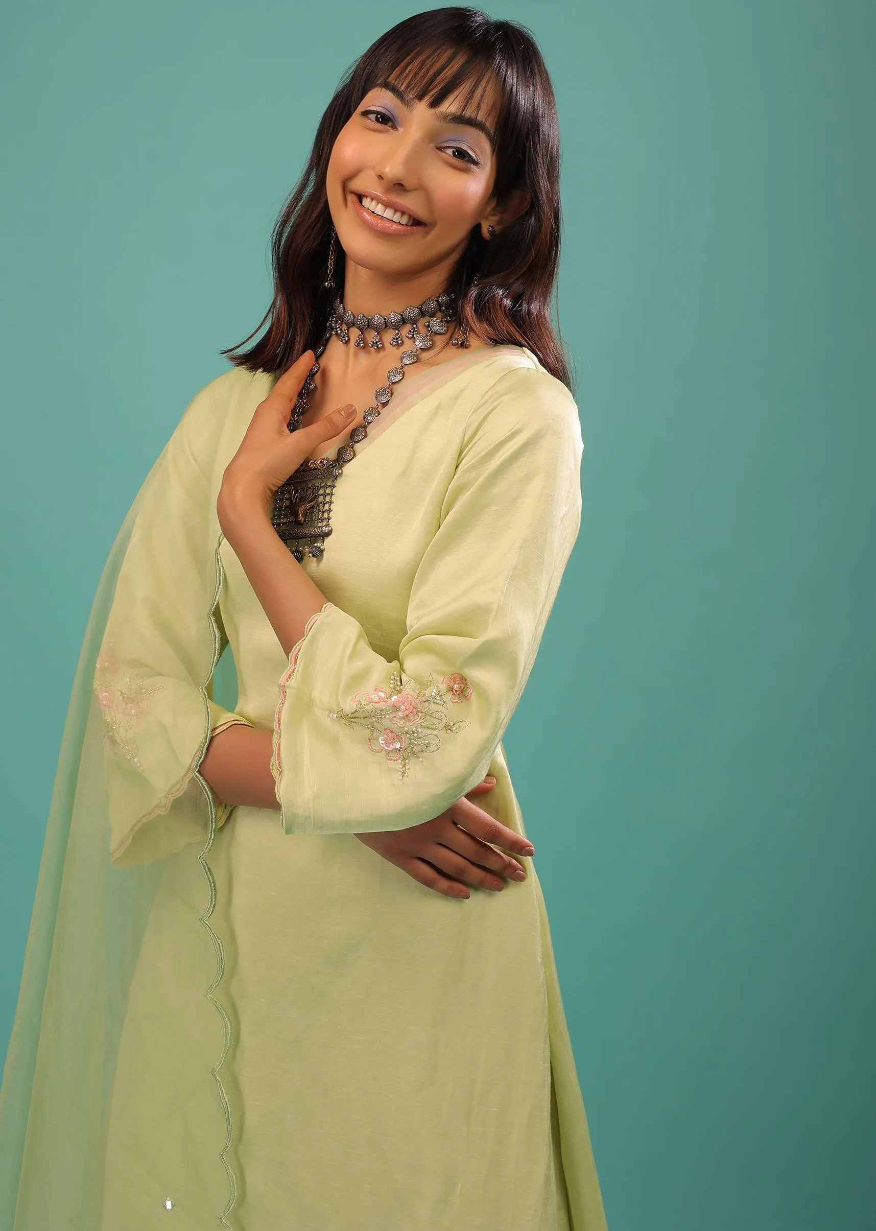 Lime Green Linen Satin Straight Cut Palazzo Suit With Floral Embroidery On The Sleeves