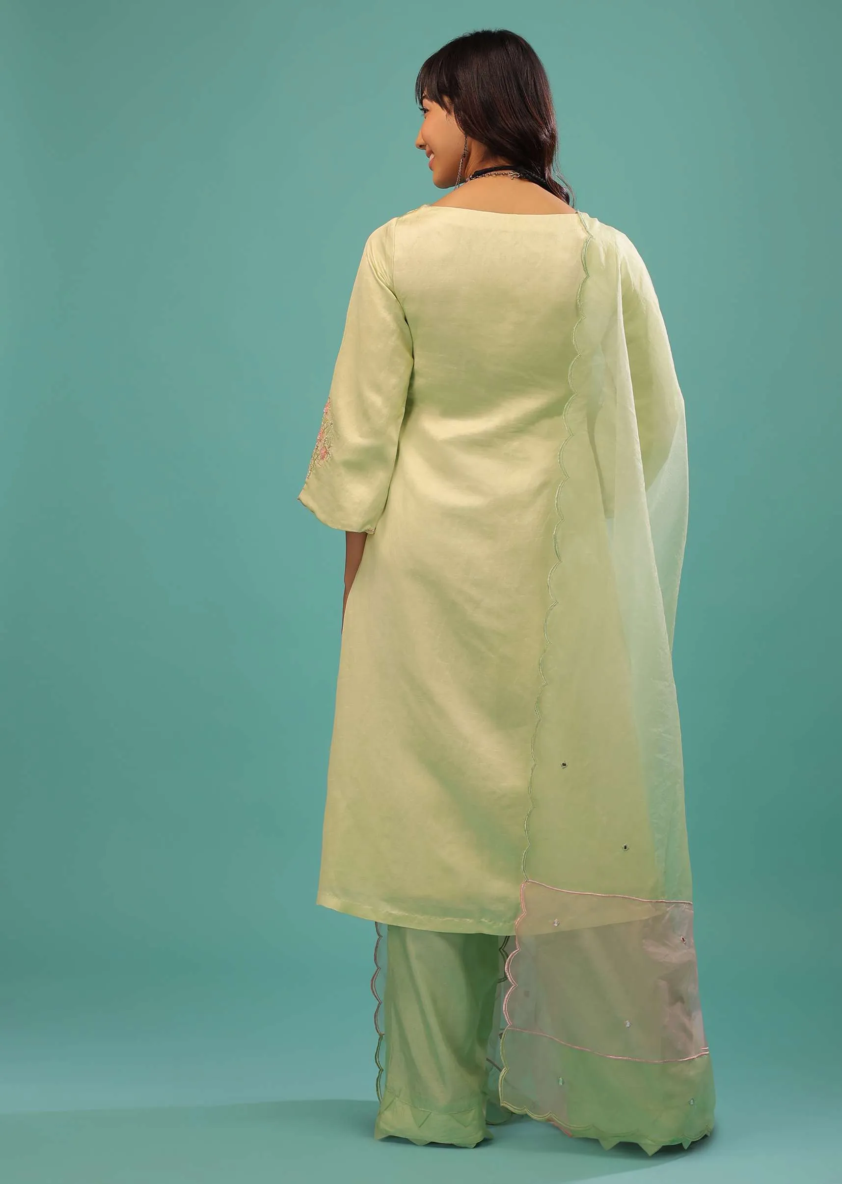 Lime Green Linen Satin Straight Cut Palazzo Suit With Floral Embroidery On The Sleeves