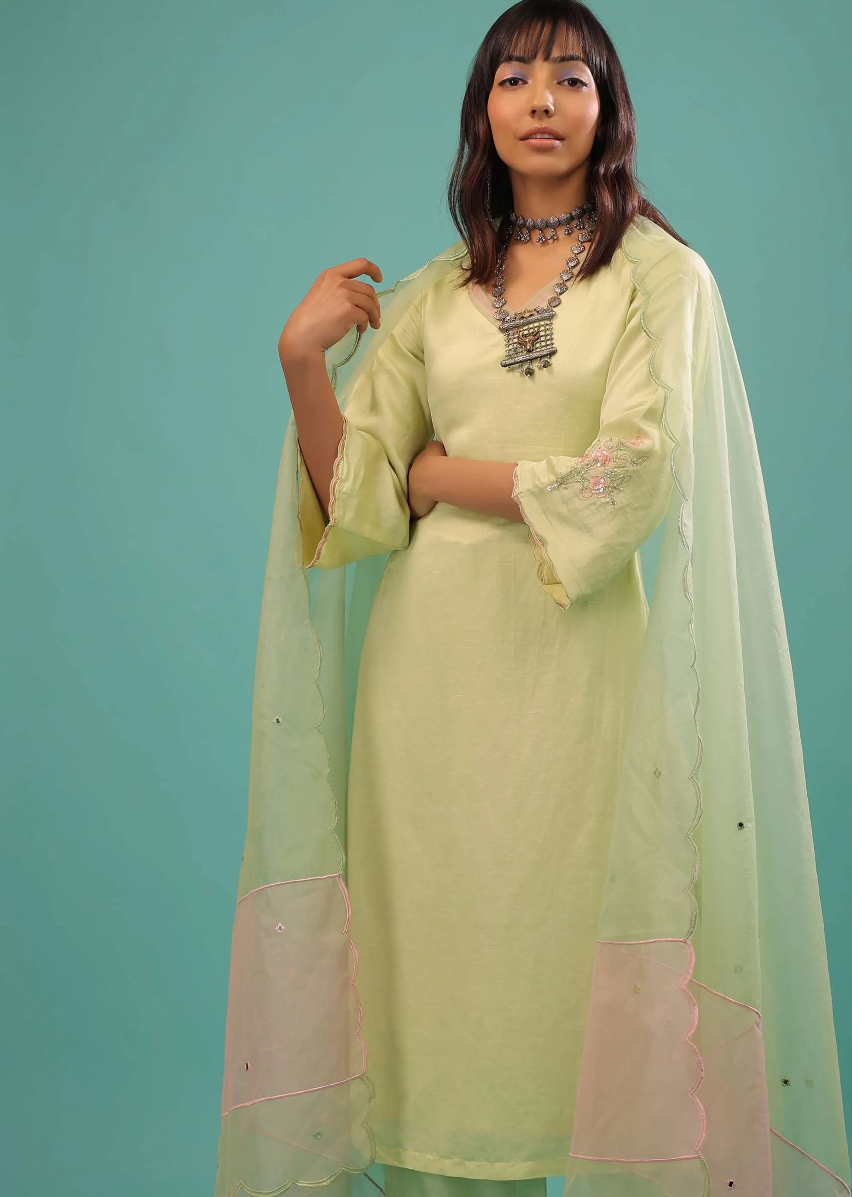 Lime Green Linen Satin Straight Cut Palazzo Suit With Floral Embroidery On The Sleeves