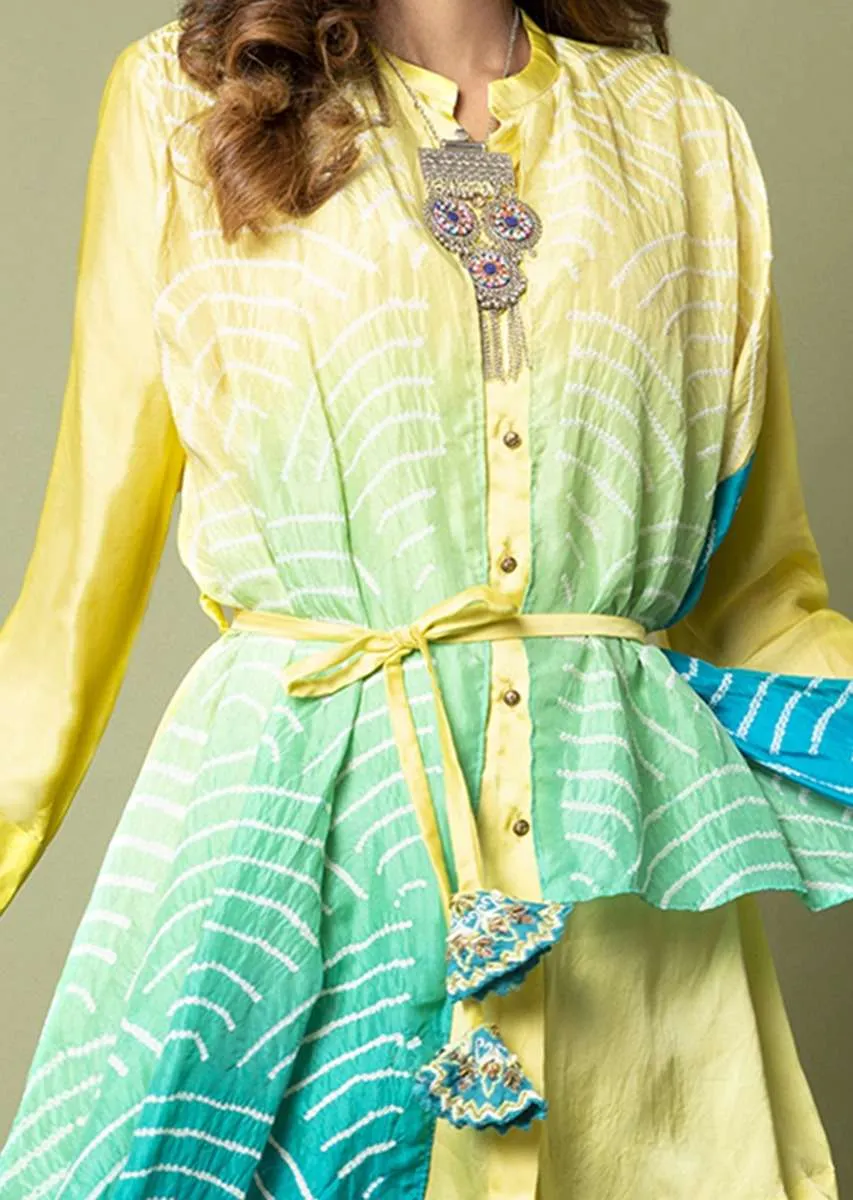 Limon Yellow Shirt With Attached Turquoise Ombré Bandhani Drape And Pleated Turquoise Palazzo Pants