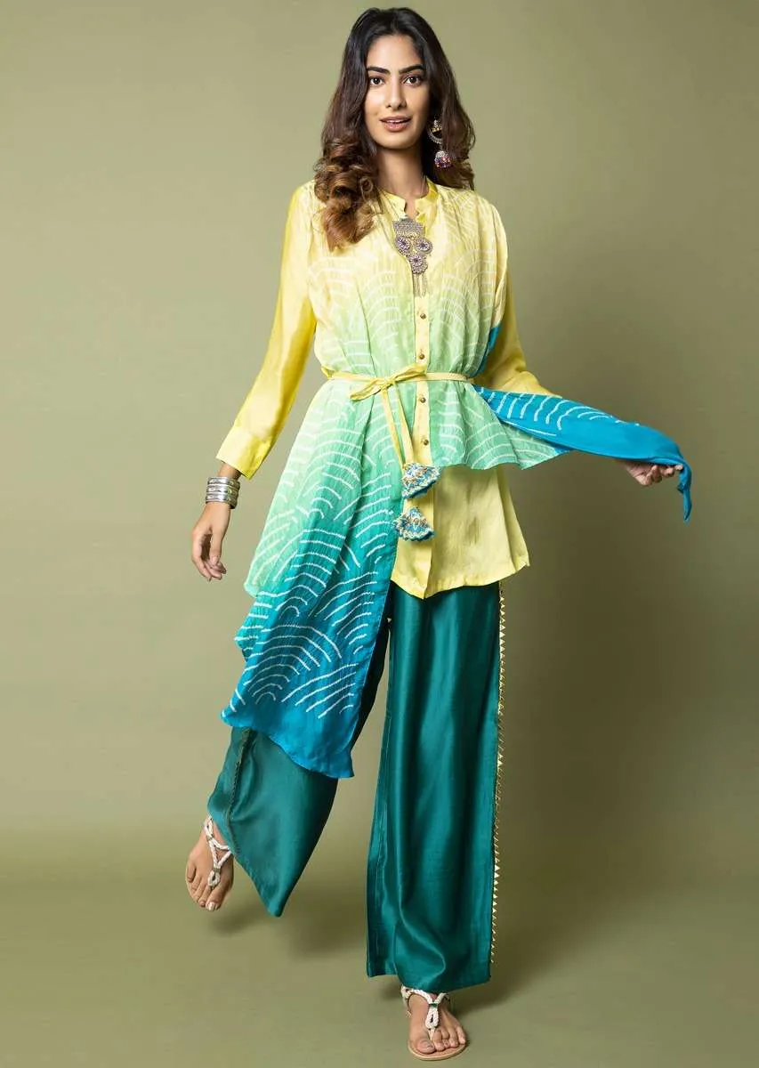 Limon Yellow Shirt With Attached Turquoise Ombré Bandhani Drape And Pleated Turquoise Palazzo Pants